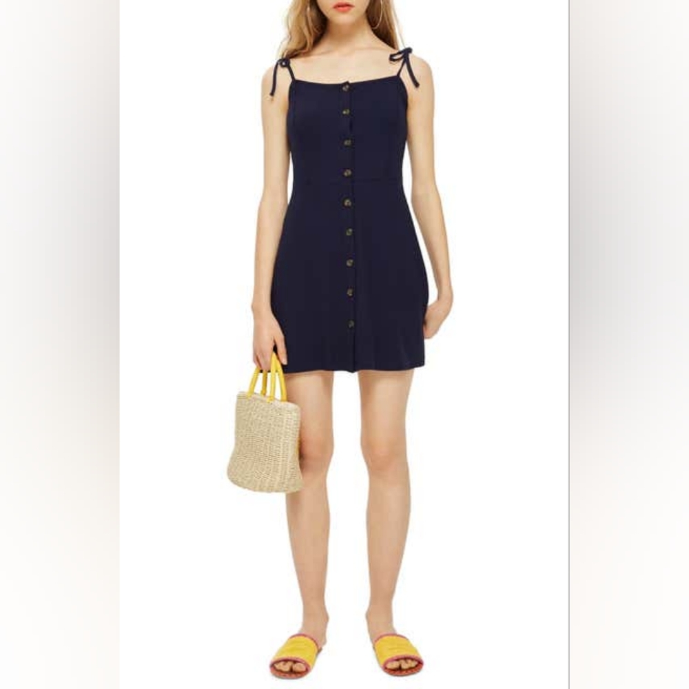 Topshop Button Down Rib Minidress - Navy, Sz 8